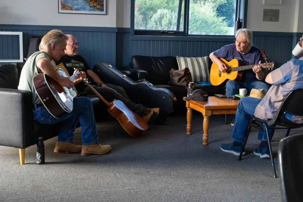 Nick Charles and Geoff Achison leading a practical guitar session at Balnarring